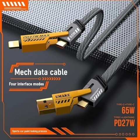 AlakhDM 4-In-1 Multifunctional 65W Fast Charging Cable With Metal Zinc Alloy Head, Tangle Free Flat Cable, USB A, Type C to C/Lighteni-ng, Fast Data SynC, Compatible with All SmartPhone WEBSITE LA PODA TAG