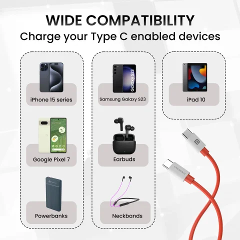 Portronics Type C 3.25 A 1 m Konnect Dash Max 65W Type C to Type C Fast Charging PD Cable with 480Mbps Data Sync (Compatible with Smartphones, Tablets, Red, One Cable, USB Type C To USB Type C)