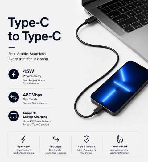 45W Type C to Type C Cable 1 Meter compatible with Samsung Galaxy S25 Ultra, S24 Ultra, S23 Series, A55, A35, Z Fold and Z Flip, USB-C