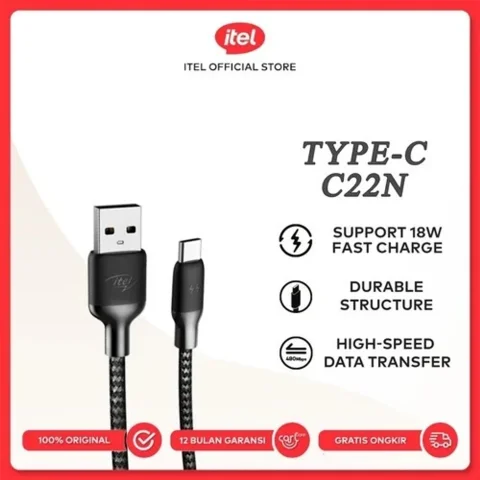itel C22N Nylon Braided Type-C Cable, 2.1A Fast Charging & Sync, 1M Durable Length - Black