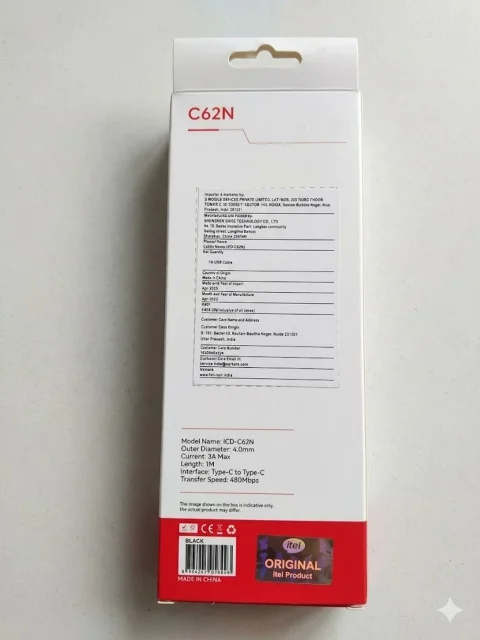 itel C62N Nylon Braided Type-C To Type-C Cable, 60W/3A Fast Charging, 480Mbps Transfer Speed - Black