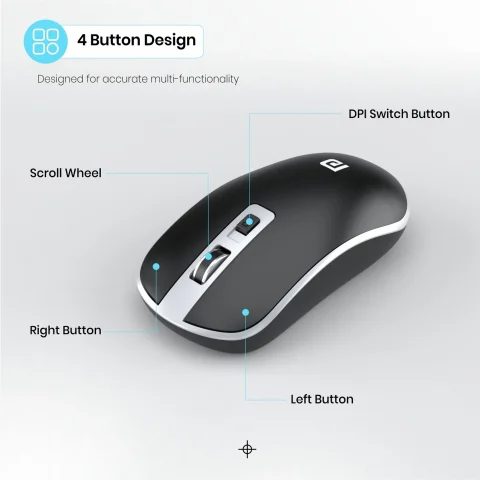 Portronics Toad 14 Wireless Mouse, 2.4 GHz with USB Nano Dongle, up to 1400 Adjustable DPI and Dual-Function Scroll Wheel for Laptops, PCs, MacBooks